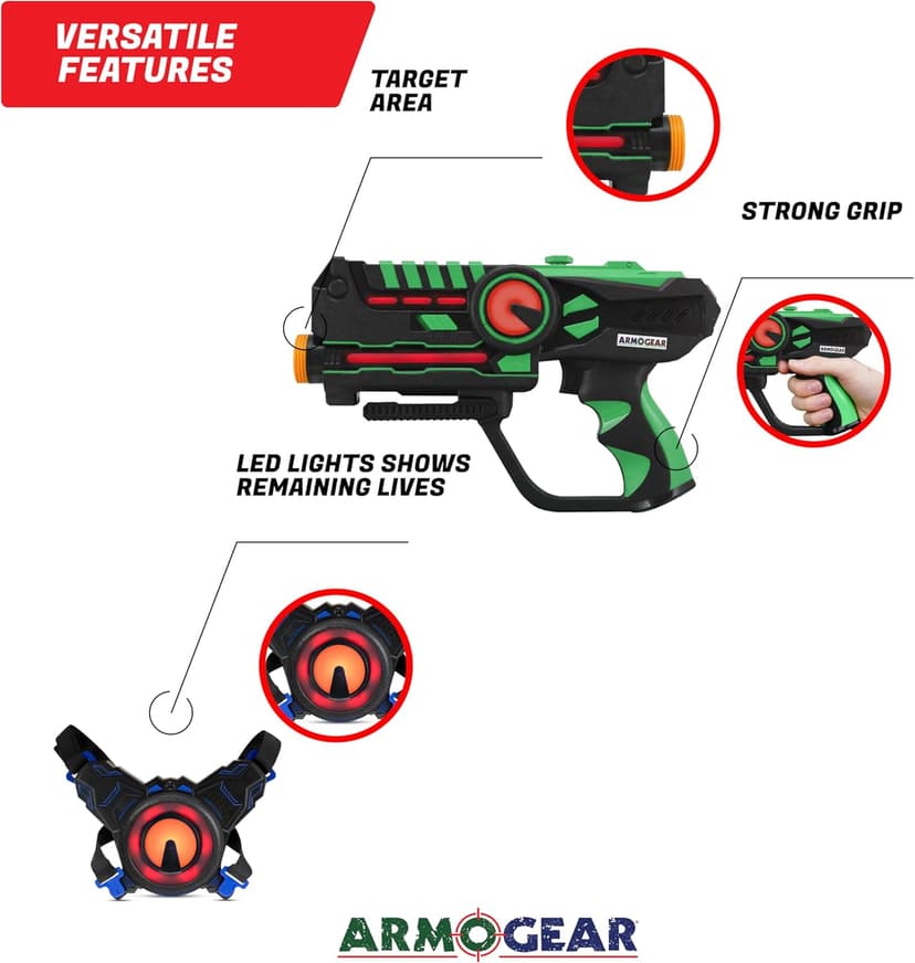ArmoGear Set of 4 Laser Tag Guns with Vests - Laser Tag Set for Kids and Adults - Toy Guns with 150 ft Range, Night Vision, Invisibility Mode - Battery Operated - Multiplayer Outdoor Game for Ages 8+