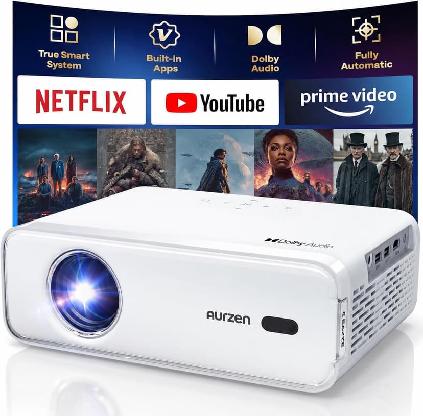Aurzen EAZZE D1 Smart Projector with WiFi and Bluetooth, Netflix-Officially-Licensed, Auto Focus & Keystone, DoIby Audio, Zoom, Native 1080P Movie, Portable Outdoor Mini Projector, White