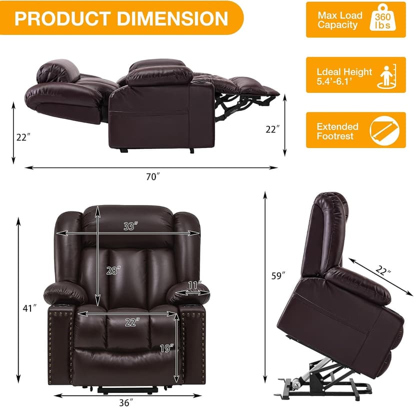 Triple Motor Large Power Lift Recliner Chair for Elderly with Heat and Massage, Lay Flat Lift Chairs for Seniors Infinite Position, Extended Footrest, USB Ports (Dark Brown)