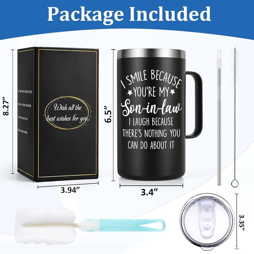 Lifecapido Son in Law Gifts, I Smile Because You’re My Son-in-law 20oz Insulated Coffee Mug, Birthday Christmas Gifts for Son in Law, Black