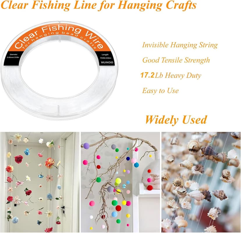 Clear Fishing Line Wire 755 ft, Invisible Monofilament Fishing Line Wire, Nylon String for Hanging Balloons Garland Crafts Picture Decorations, Clear String Threads Cords WUINOID