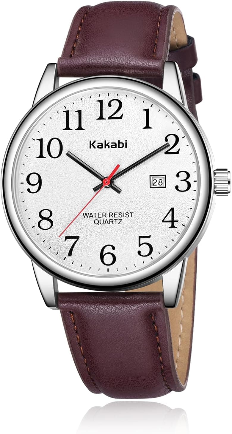 Kakabi Watch for Men, Easy Reader Unisex Analog Quartz Waterproof Wristwatch with Date and Leather Band, Casual Simple Fashion Mens Watches Gift