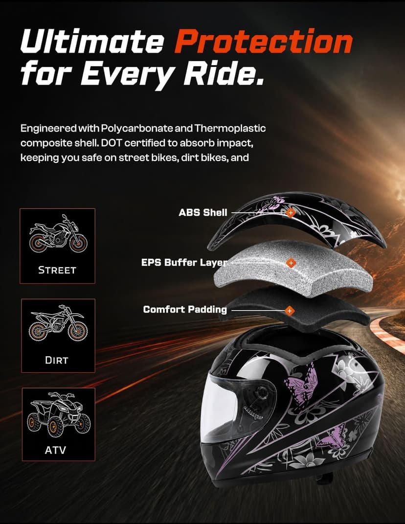 TCMT Size-S Full Face Motorcycle Helmet for Adults Men Women, Lightweight Polycarbonate Street Bike Dirt Bike Helmet with Anti-Scratch Mirror Shield and Removable Liner, DOT Approved
