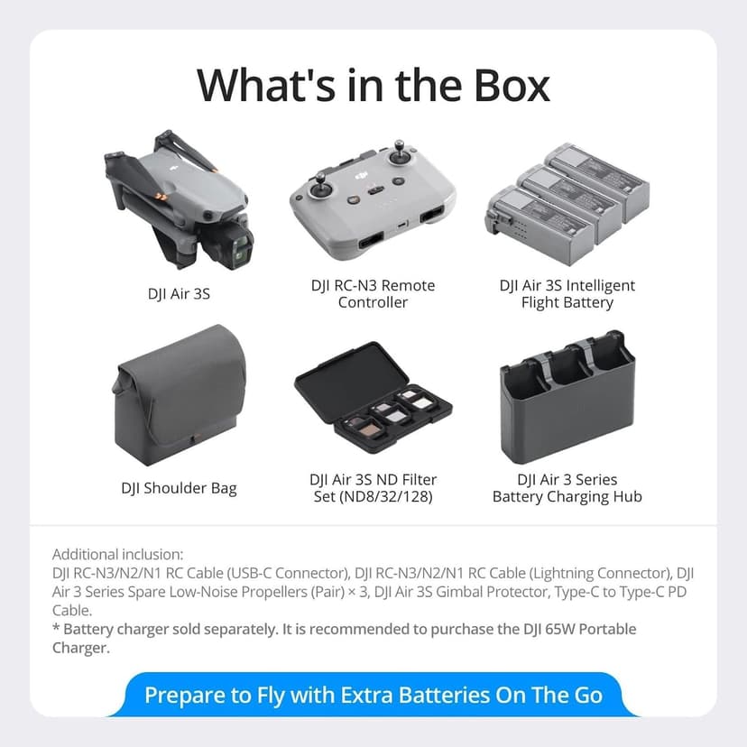 DJI Air 3S Fly More Combo (RC-N3), Drone with 1" CMOS Wide-Angle & Medium Tele Camera, 4K/60fps HDR Video, Nightscape Omnidirectional Obstacle Sensing & 3 Batteries for Extended Flight Time