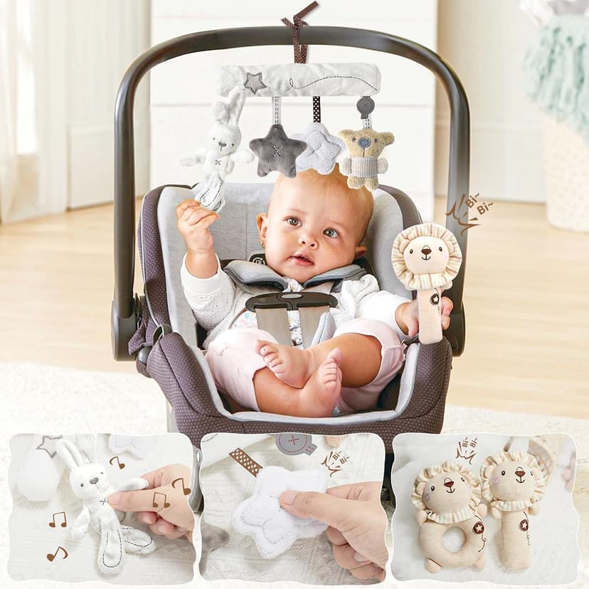 Golray 9pcs Newborn Baby Gift Baskets for Boys Girls Baby Shower, 2 Rattle/Seat Hang Toy/Blanket/Bodysuit/Bib/ 3D Socks/Wood Milestone/Carry Box, Neutral New Born Essential Stuff Unisex Baby Gifts Boy B0DL9ZDMC1