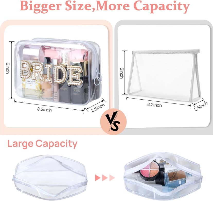 Etercycle Bride Clear Makeup Bag, Bridal Shower Gifts Engagement Cosmetic Bag, Bling Pearl Rhinestone Letter Patches Waterproof PVC Travel Organizer for Women Wedding Bachelorette Party (Gold)