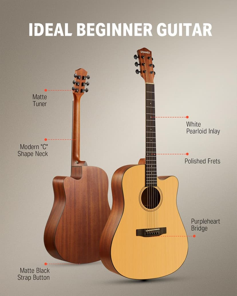 Donner 41” Acoustic Guitar Bundle for Beginners Adults with Online Lesson, 4/4 Full Size Steel Acustica Guitarra with Gig Bag, Tuner, Strap, Strings, Picks, Capos, Cutaway, Natural, DAG-1C/DAD-110C