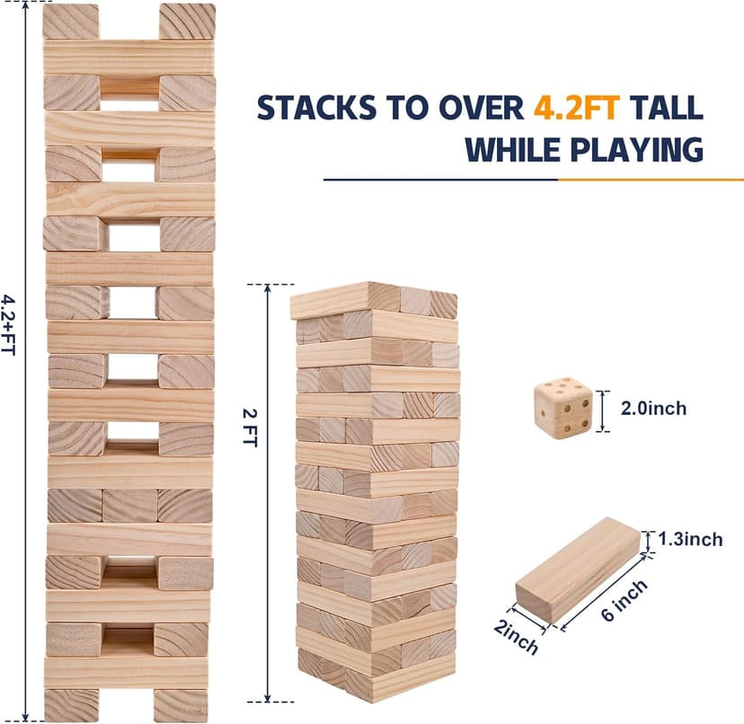 Giant Tumble Tower Games for Kids and Adults 57 Blocks New Zealand Pine Wooden Blocks Stacking to Over 4.2FT Family Game for Indoors Outdoors Yard Games for Family
