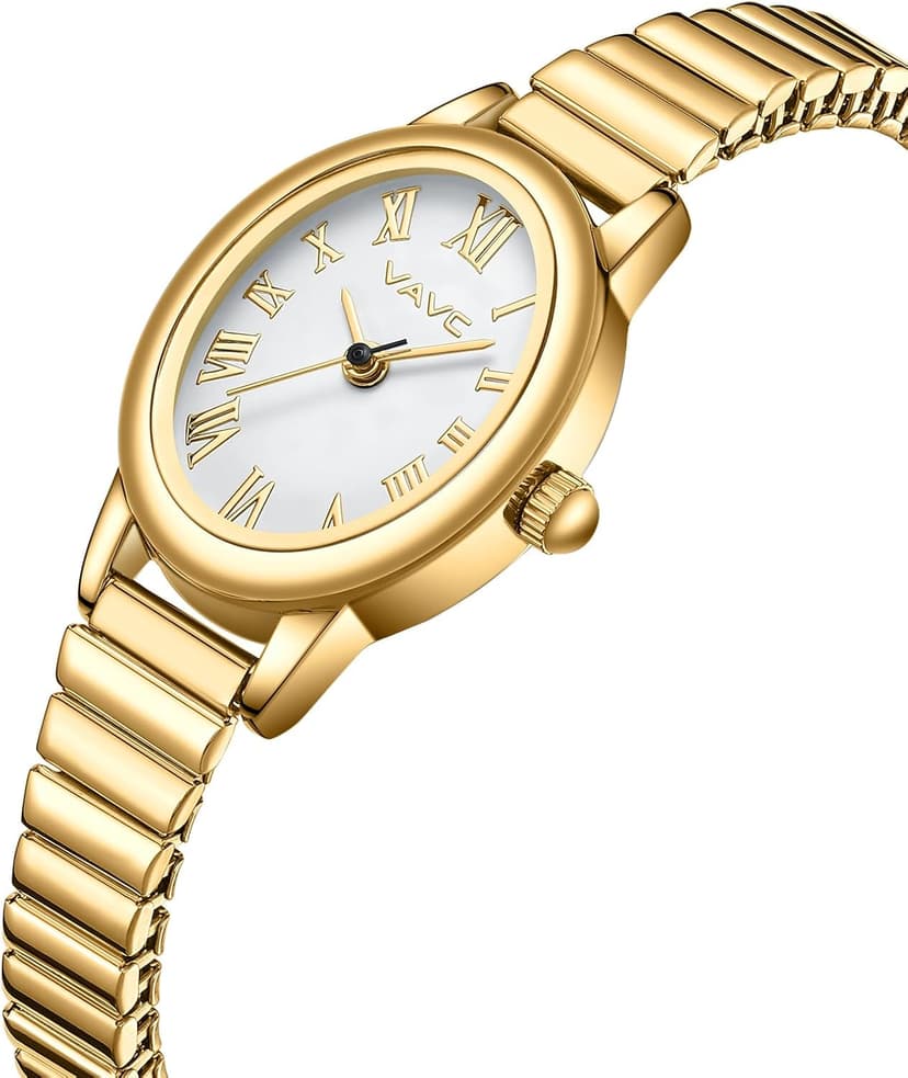VAVC Small Gold Watches for Women,Analog Womens Watch with Stainless Steel Expansion Band,Oval Case Roman Dial,Water Resistant