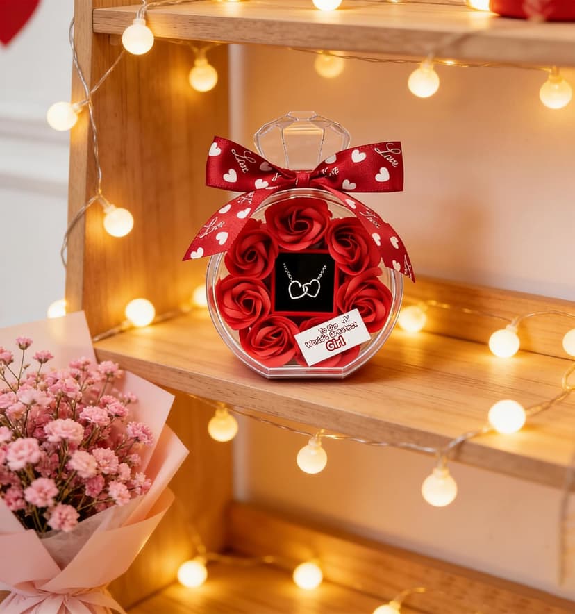 Anniversary Cute Women Artificial Soap Rose Flowers with Double Heart Necklace Present Gifts for Girlfriend Valentines Day Birthday Gift B0GW7XRWSC