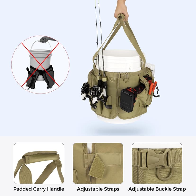 KastKing Karryall Fishing Bucket Organizer for 5 Gallon Bucket, Ice Fishing Tackle Bag with Adjustable Buckle, Rod & Plier Holder and Multi-Pockets for Fishing Gear & Accessories Storage,Khaki