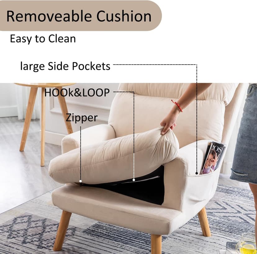 INZOY Accent Chairs with Ottoman Set, Modern Velvet Armchair with Adjustable Backrest, Comfy Lounge Chair for Living Room Bedroom, Beige