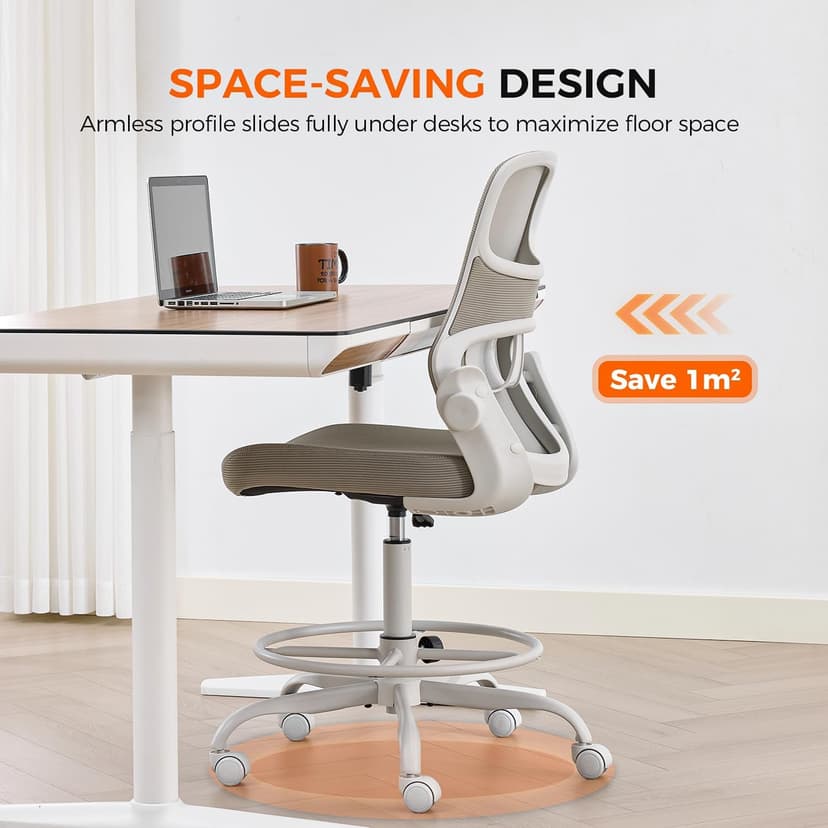 Drafting Chair Armless, Tall Office Chair with Adjustable Foot Ring and Lumbar Support, Ergonomic Mesh High Desk Chair for Standing Desk, Black