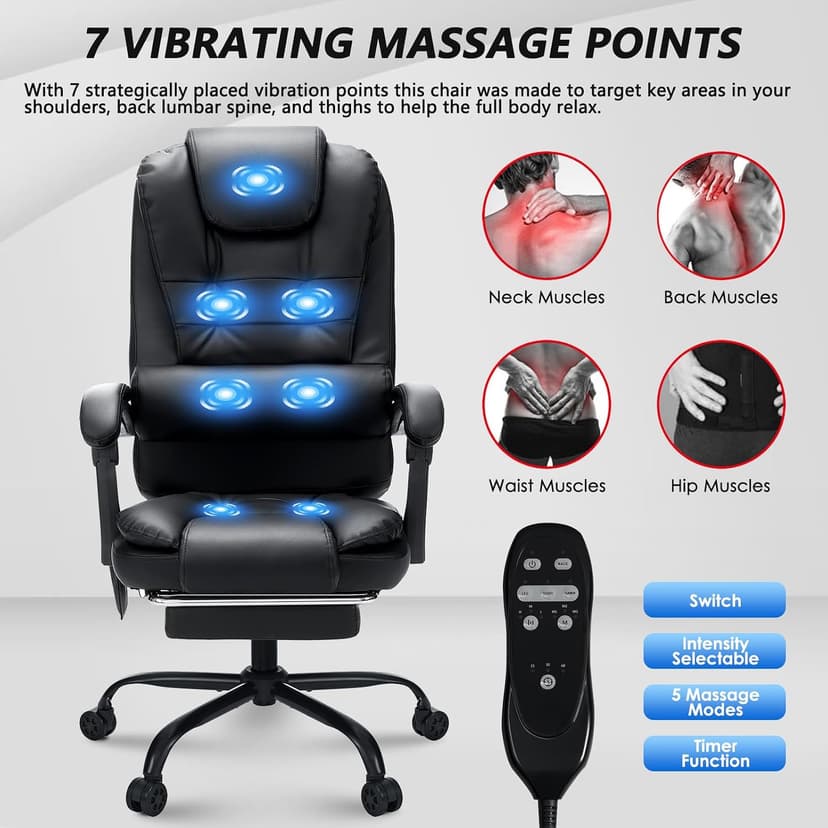 HOFFREE Massage Office Chair with Foot Rest 7 Points Vibration Ergonomic Executive Desk Chair Leather Computer Office Chair Black
