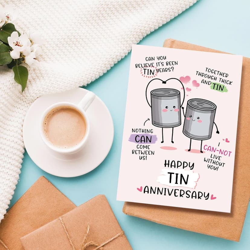 Funny 10 Years Anniversary Card, Cute Tin Pun 10th Anniversary Card for Husband Wife, Hilarious Ten Years Anniversary Card for Him Her, Happy Tin Wedding Anniversary Card