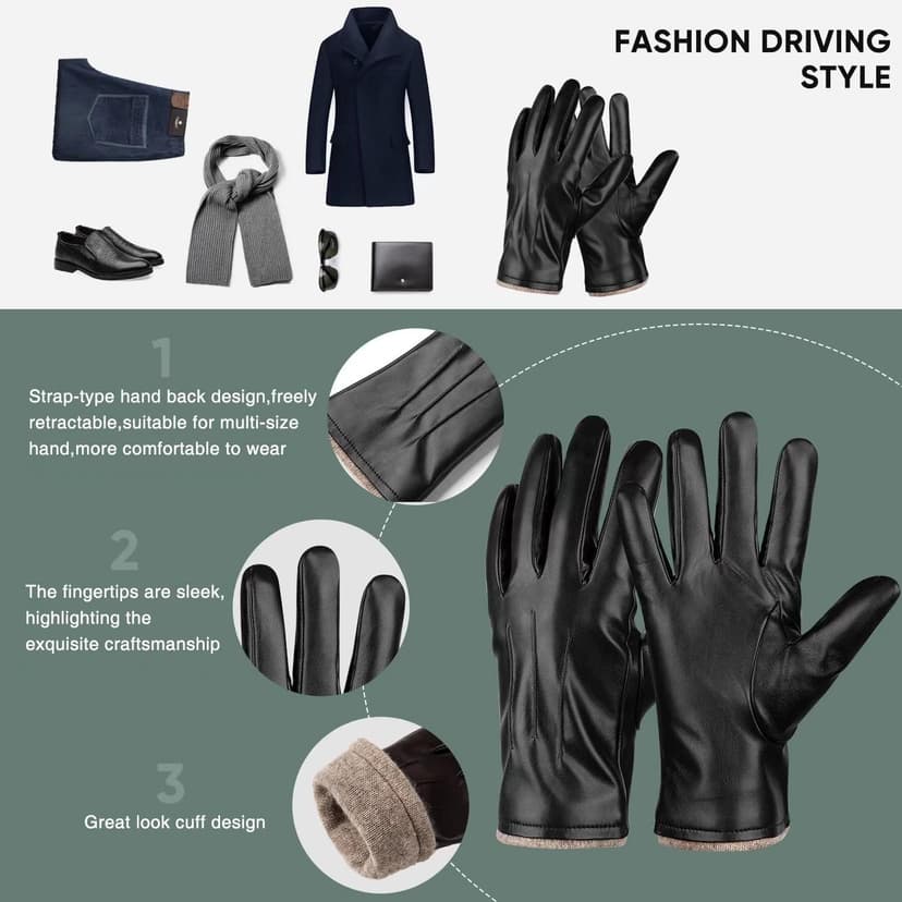 Alepo Winter PU Leather Gloves For Men, Warm Thermal Touchscreen Texting Typing Dress Driving Motorcycle Gloves Wool Lining