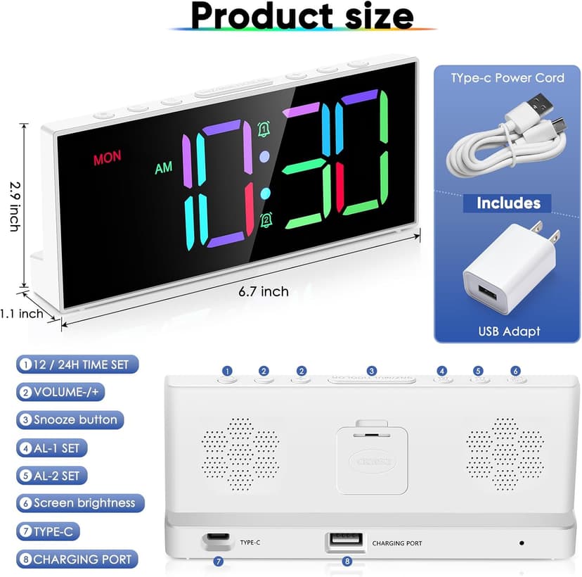 Alarm Clock with Large Display Big Numbers,5 Levels Brightness,Snooze,USB Charging Port,LED and Mirror Desk Clock,Dual Alarms Modern Electronic Clock for Bedroom Home Living Room Office. (White)