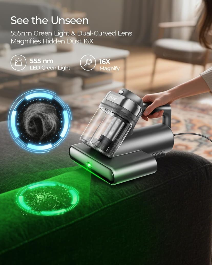 Powerful Mattress Bed Vacuum Cleaner, 2-Speed (14kPa/18kPa) Mattress Vacuum with Green Light Dust Detection, 253.7nm UV-C Light, LED Display, HEPA Filter, 149℉ Heat, Aroma for Bed Couch Carpet