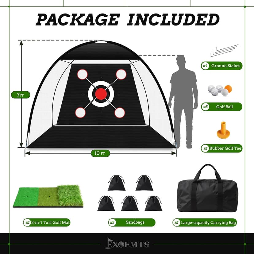 Golf Net 10x7FT with Tri-Turf Mat, Ball, Target & Bag, All-in-One Golf Practice Hitting Net for Backyard Driving, Chipping & Swing, Indoor Outdoor Training Aid, Gift for Men Dad Him Golfer