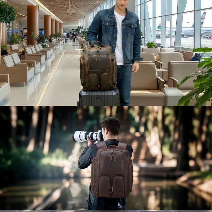 Masa Kawa Leather Backpack for Men with 16" Laptop & Camera Lens Sleeve, Multi Pockets Weekend Trip Business Travel Overnight Camping Bag, Vintage Brown