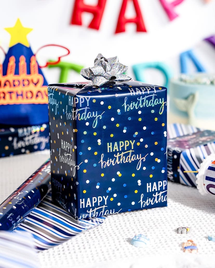 MAYPLUSS Birthday Wrapping Paper Roll, Blue Metallic Holographic Happy Birthday Wrapping Paper Featuring Revesible Stripe Gift Wrap Paper for Boys Kids Girls Men, 17 Inches x 33 Feet B0FX9W1LZD