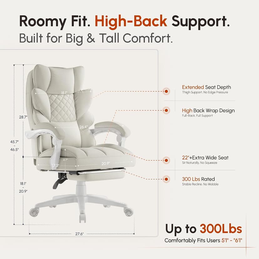 Dowinx Big and Tall Office Chair with Pocket Spring Cushion,High Back Computer Gaming Chairs with Linkage Armrests,Executive Desk Chairs with Footrest,PU Leather-White