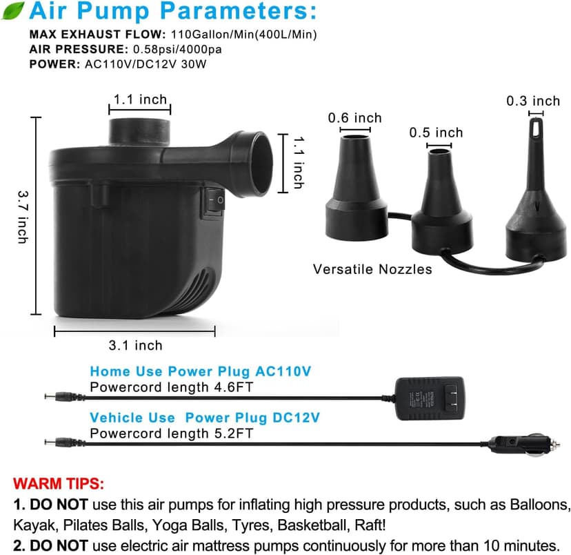 Newpol Inflatable Bed Pump, Electric Air Pump(100 Gallon/Min) for Air Mattress Beds, Inflatable Swimming Pools, Swimming Ring(AC110-240V/DC12V)