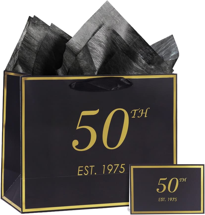 momoake 50th Birthday Gift Bag with Card and Tissue Paper for Men Women Him, 1975 50 Year Old 13" Elegant Black Gold Anniversary Keepsake Party Present Shopping Paper Bags for Gifts Wrapping