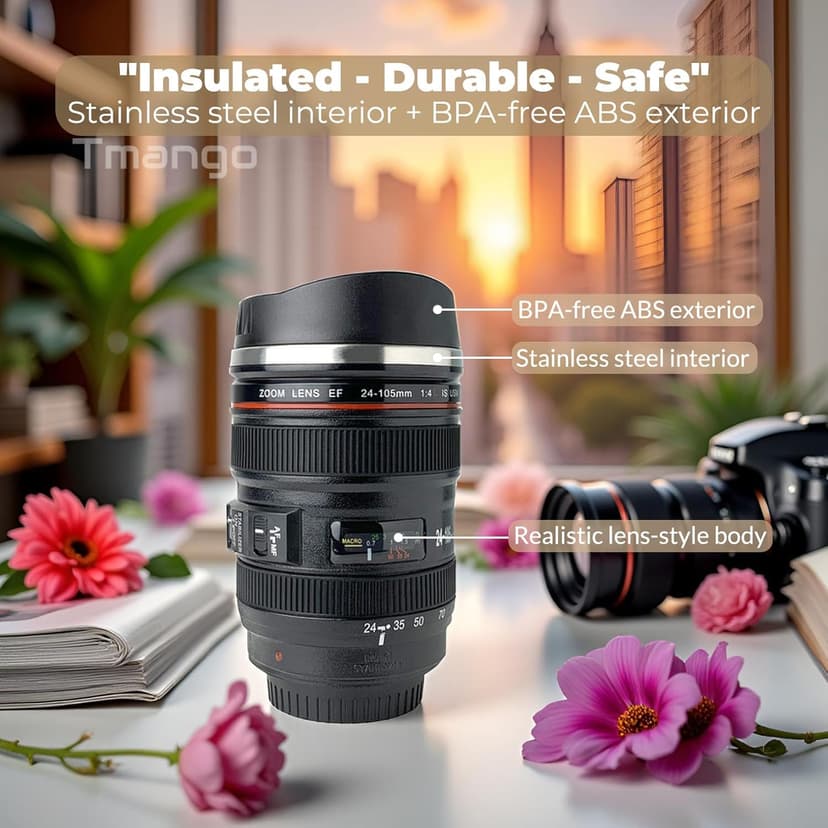 Camera Lens Coffee Mug with Slider Lid and Spoon– Realistic DSLR Thermos Cup, Novelty Gift for Photographers, Men & Women