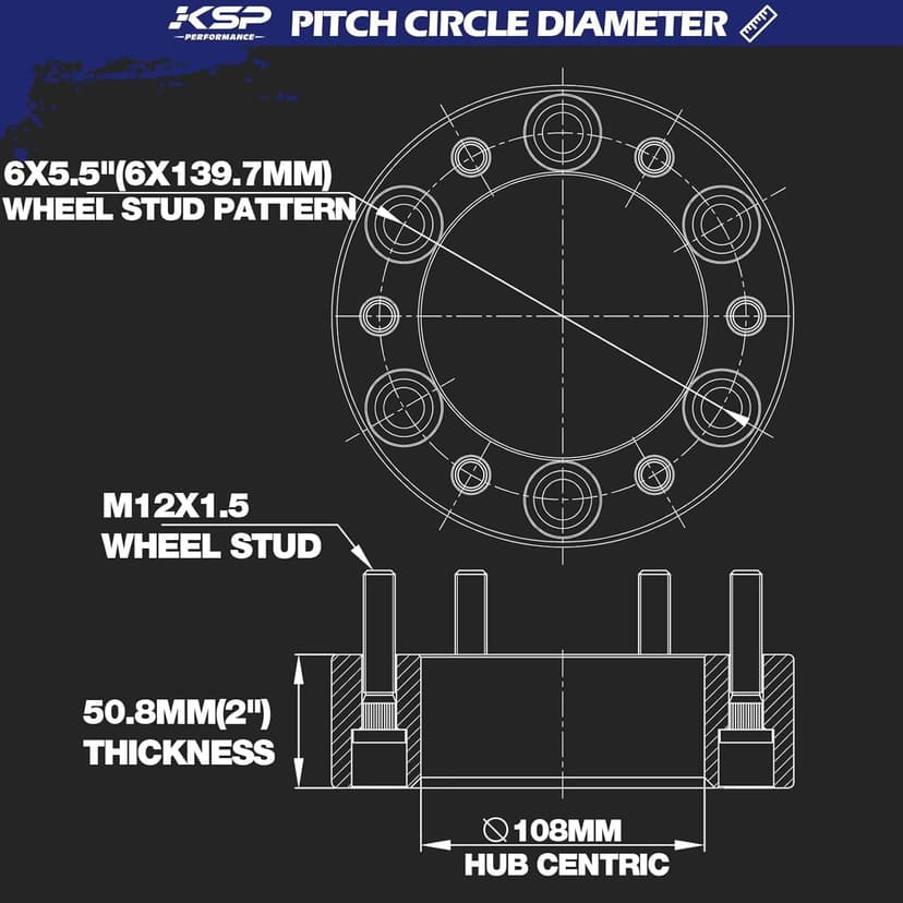 KSP 2in 6x5.5 Tacoma Wheel Spacers, 6x139.7 Tire Spacer fit for Toyota Tundra 4Runner FJ Land Cruiser Sequoia, 50mm Forged Lug Centric Spacer 108mm Hub Bore with M12x1.5 Thread Pitch, Not Hubcentric