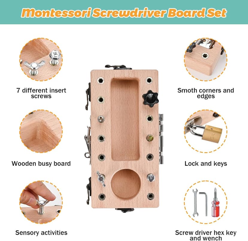 Montessori Screwdriver Board Set with Lock and Key, Montessori Toys for 3 4 5 Year Old, Wooden Screw Driver Activities Tools, Fine Motor Skills Preschool Learning Sensory Toy B0G4VS2511