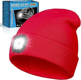 Christmas Stocking Stuffers for Men Adults, Beanie Hats with Light, USB Rechargeable LED Hand Free Headlamp, Birthday Gifts for Men, Women, and Teens, Ideal for Camping, Hiking, Red