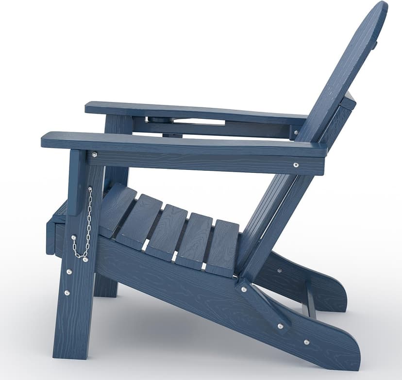 GarveeLife Folding Adirondack Chair Set of 2 with Side Table, All-Weather HDPE Outdoor Chair, Wooden Textured with Cup Holder for patios, Decks, Gardens, fire pits, Navy Blue