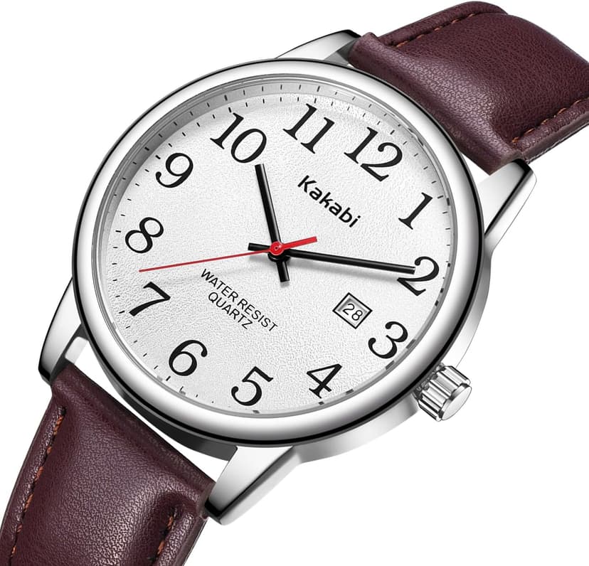 Kakabi Watch for Men, Easy Reader Unisex Analog Quartz Waterproof Wristwatch with Date and Leather Band, Casual Simple Fashion Mens Watches Gift