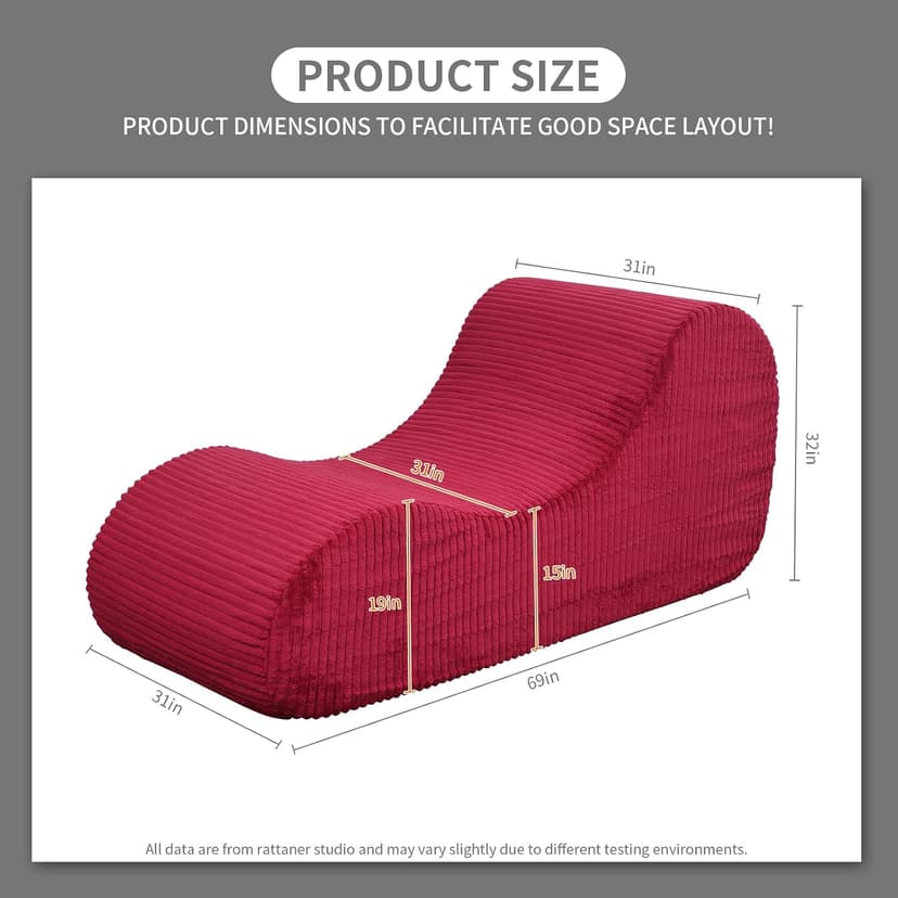 Rattaner Corduroy Chaise Lounge Chair Couch Indoor Boneless Oversized High-Density Sponge Soft Sofa, Red