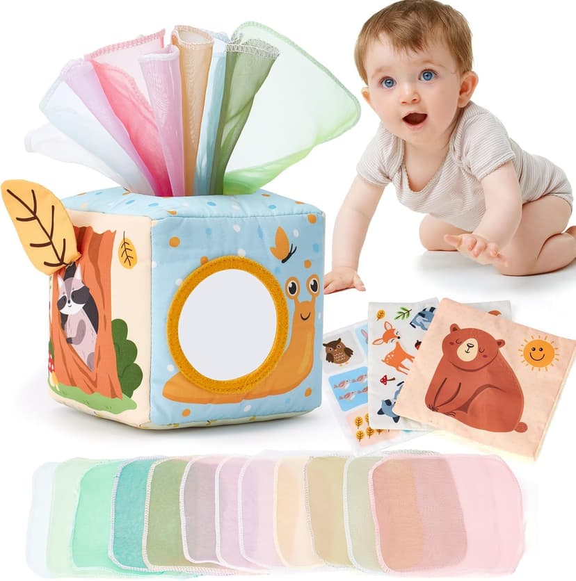 Sensory Pulling Play Scarf Soft Box, Crinkle, Mirror, Tag Babies Gifts Christmas Stocking Stuffers 1 Year Old Birthday Gift hahaland Baby Tissue Box Toy - 6 Month Old Montessori Baby Toys 6-12 Months B0CJLWD1VM