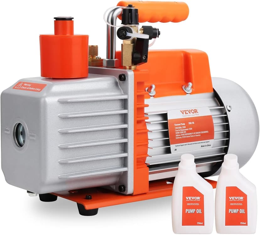 VEVOR 7 CFM Dual Stage HVAC Vacuum Pump, 1/2 HP Rotary Vane Vacuum Pump with Oil Bottle, for HVAC Repair, Refrigeration Maintenance, Resin Degassing, Compatible with R12, R22, R134a, R410a Refrigerant