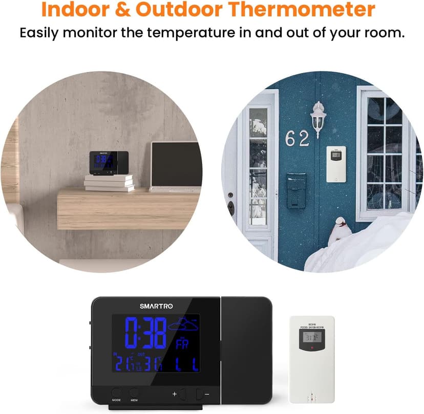 SMARTRO SC31B Digital Projection Alarm Clock with Weather Station, Indoor Outdoor Thermometer for Bedrooms, USB Charger, AC Battery Operated