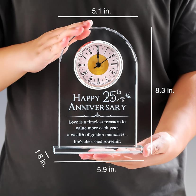 YWHL 25th Wedding Anniversary Clock Gifts for Couple, 25 Year Anniversary Keepsake Gifts for Husband/Wife, Glass Clock Decoration for 25 Years for Marriage (Battery not Included)
