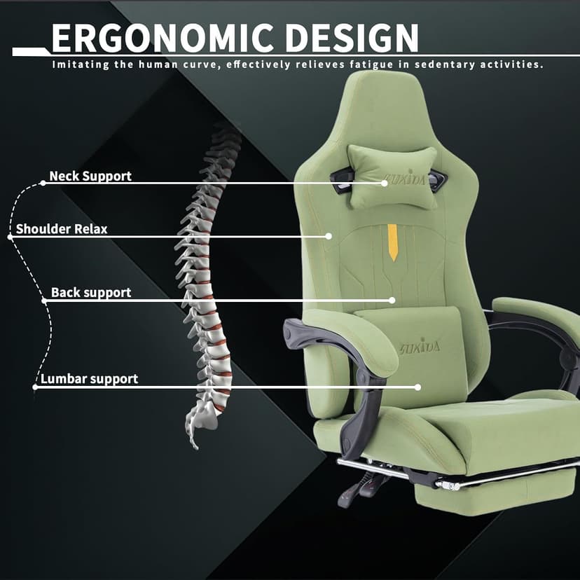 Gaming Chair with Footrest Ergonomic Computer Chair Massage Lumbar Cushion, Racing Video Game Chair Adjustable Rocker Recliner Executive Office Desk Chair Fabric for Adults
