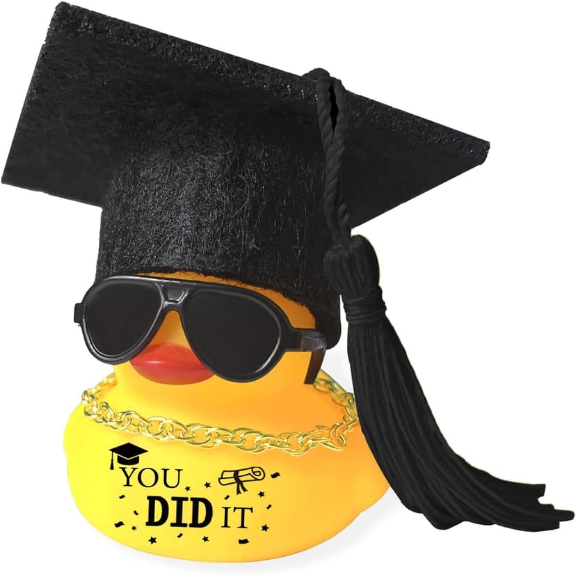 Car Dashboard Decor Graduation Hat Rubber Duck, Car Accessories Ornaments with Mini Graduation Cap, Necklace, Sunglasses for Graduates Students Grad Gift (Black) B0F26CJXTB