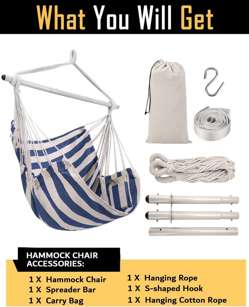 ADVOKAIR Hammock Chair Swing, Heavy-Duty Hanging Rope Swing Seat Supports 500 Lbs, Ideal for Outdoor Patio, Backyard, Porch, Deck & Indoor Bedroom Use
