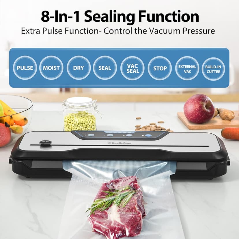 Automatic Food Vacuum Sealer Machine, Beelicious 8-In-1 Food Vacuum Saver with Starter Kits, Pulse Function, Moist & Dry Mode and External VAC for Jars and Containers, Stainless Steel