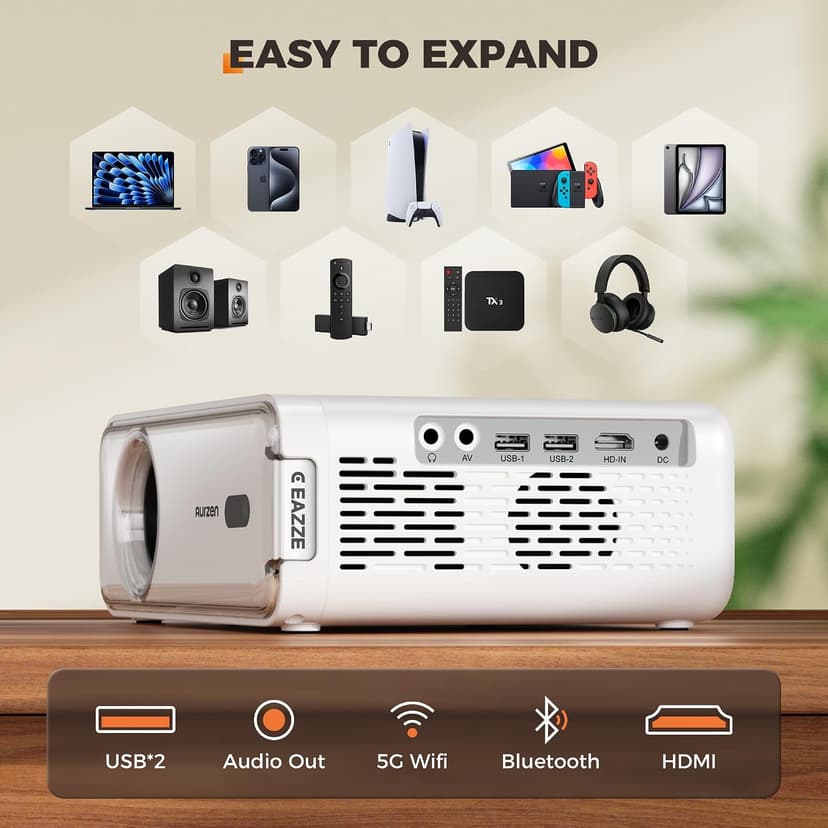 Aurzen EAZZE D1 Smart Projector with WiFi and Bluetooth, Netflix-Officially-Licensed, Auto Focus & Keystone, DoIby Audio, Zoom, Native 1080P Movie, Portable Outdoor Mini Projector, White