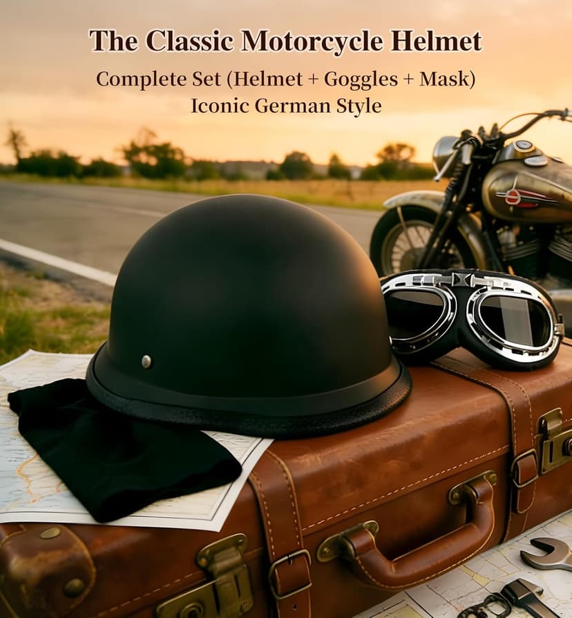 German Style Motorcycle Helmet DOT Approved with Goggles & Mask - Retro Half Helmet with Quick Release Buckle for Motorcycle Motorbike Cruiser, Scooter, Chopper (Adult Men & Women)