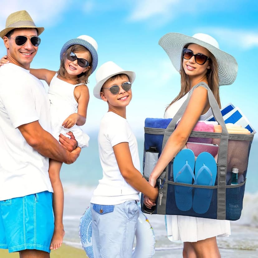 F-color Mesh Beach Bag Family - Large Tote Bag 9 Pockets for Swim Pool Toys Cruise Beach Vacation Essentials