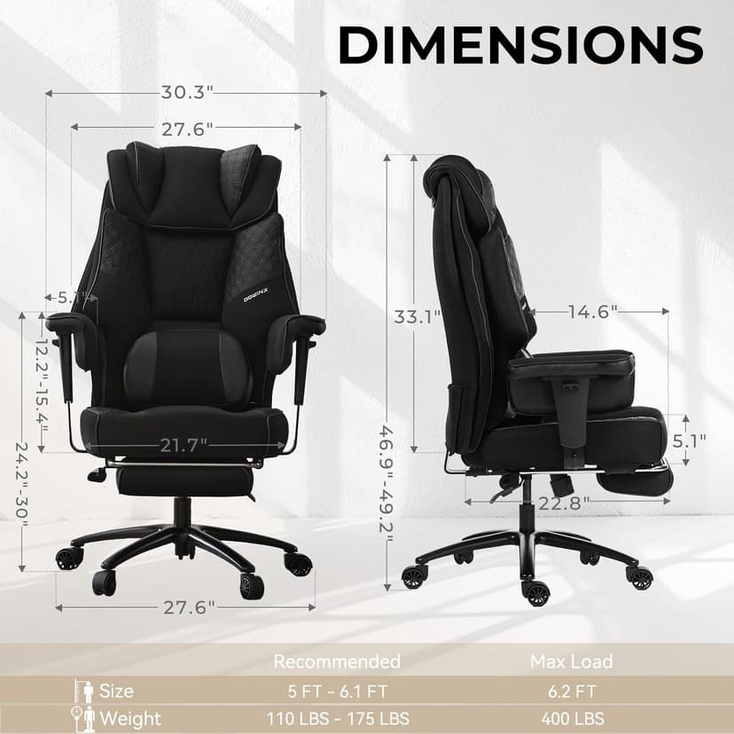Dowinx Big and Tall Office Chair with Massage Lumbar Support,Executive Office Chair with Wide Thick Seat Cushion and Adjustable Armrest,Mesh Computer Gaming Chairs with Footrest,Black