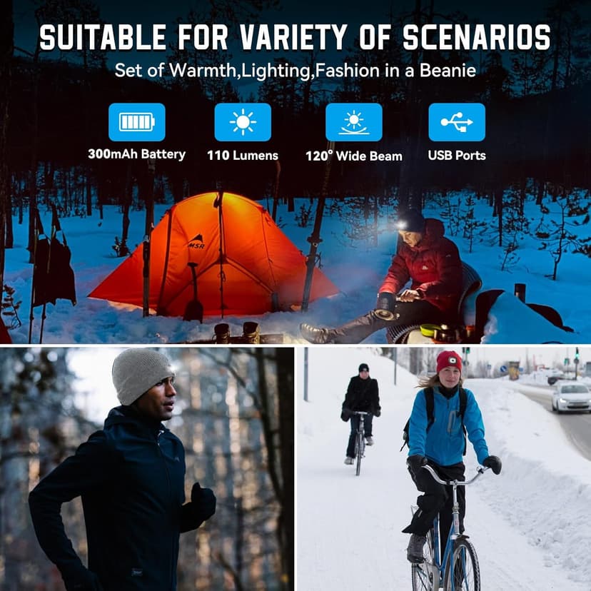 Christmas Stocking Stuffers for Men Adults, Beanie Hats with Light, USB Rechargeable LED Hand Free Headlamp, Birthday Gifts for Men, Women, and Teens, Ideal for Camping, Hiking, Red