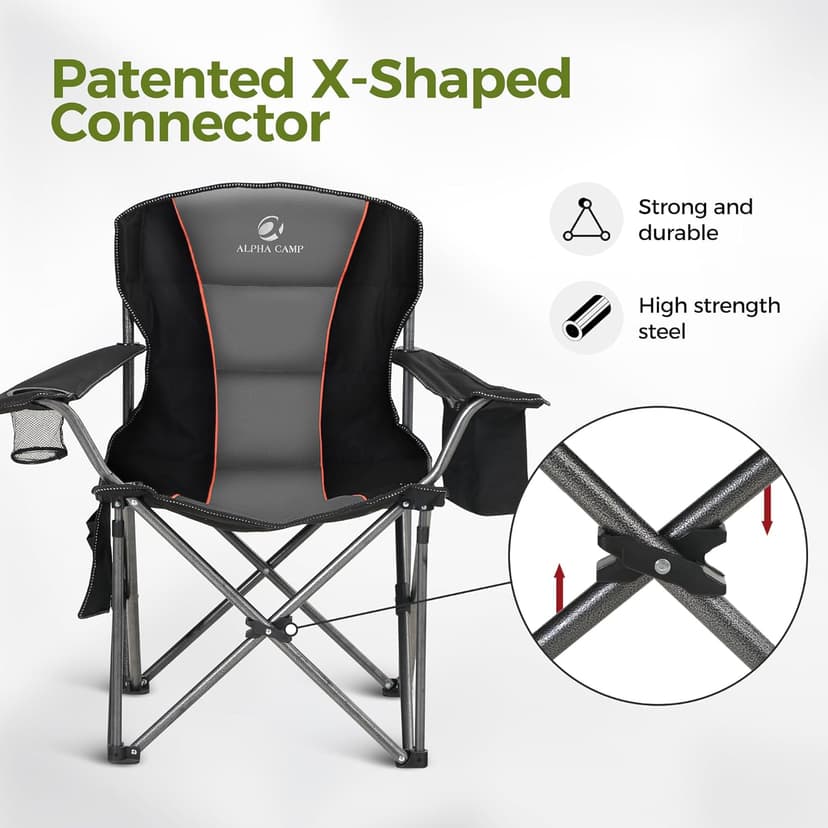 ALPHA CAMP Heavy Duty Camping Chair 500LBS Capacity, Oversized Folding Chair for Heavy People, Padded Portable Outdoor Chair with Cooler Bag & Cup Holder for Camping, Fishing, Beach