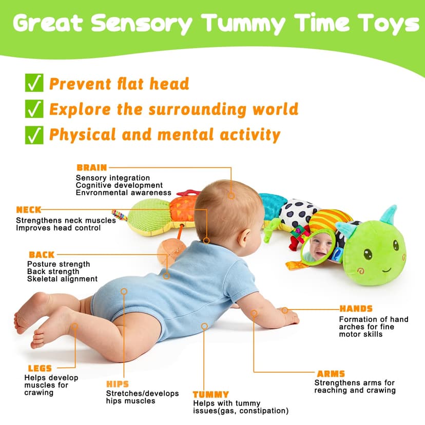Baby Sensory Toy 0-6 Month Music Animal Stuffed Plush Caterpillar Toy for Infant 0-3-6-12 Month Old Tummy Time with Baby Mirror Crinkle Rattle Carseat Toys for Newborn Boys Girl Shower Gifts
